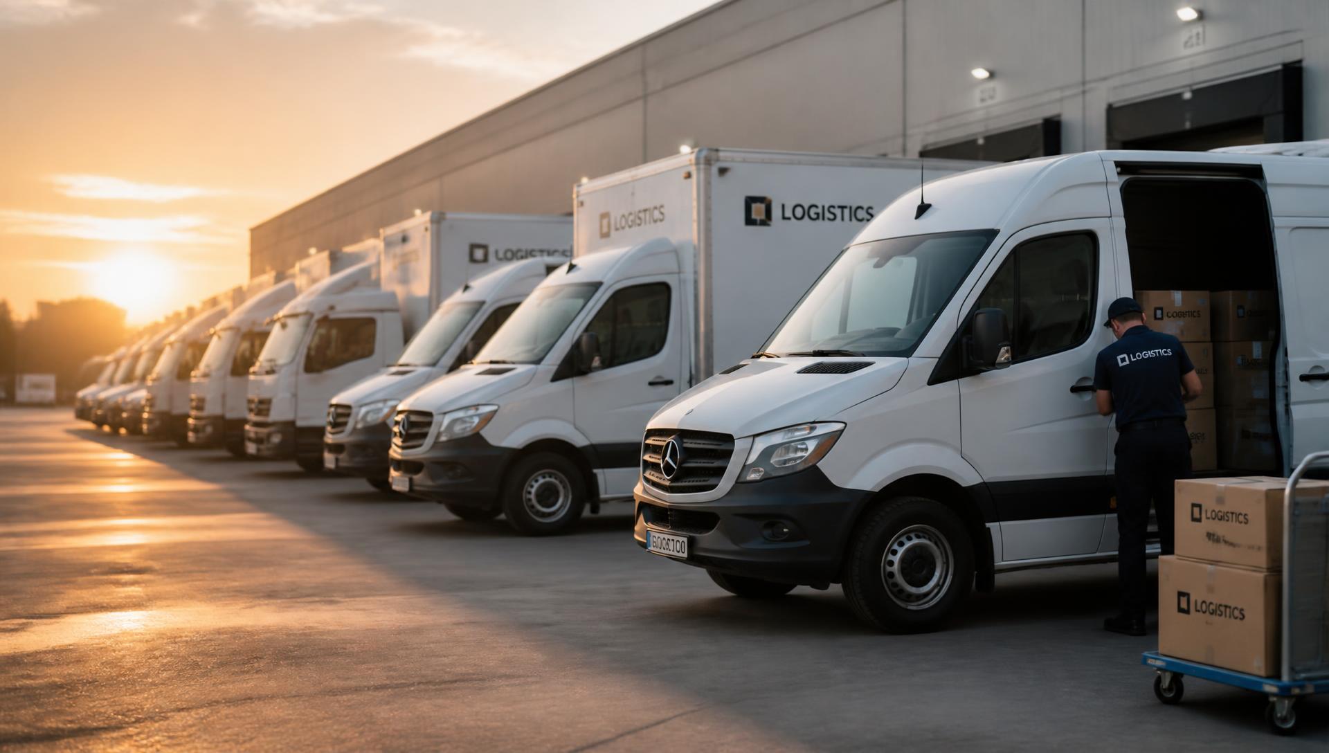 Fleet of Trax Transport delivery vans loading at a distribution yard at dawn